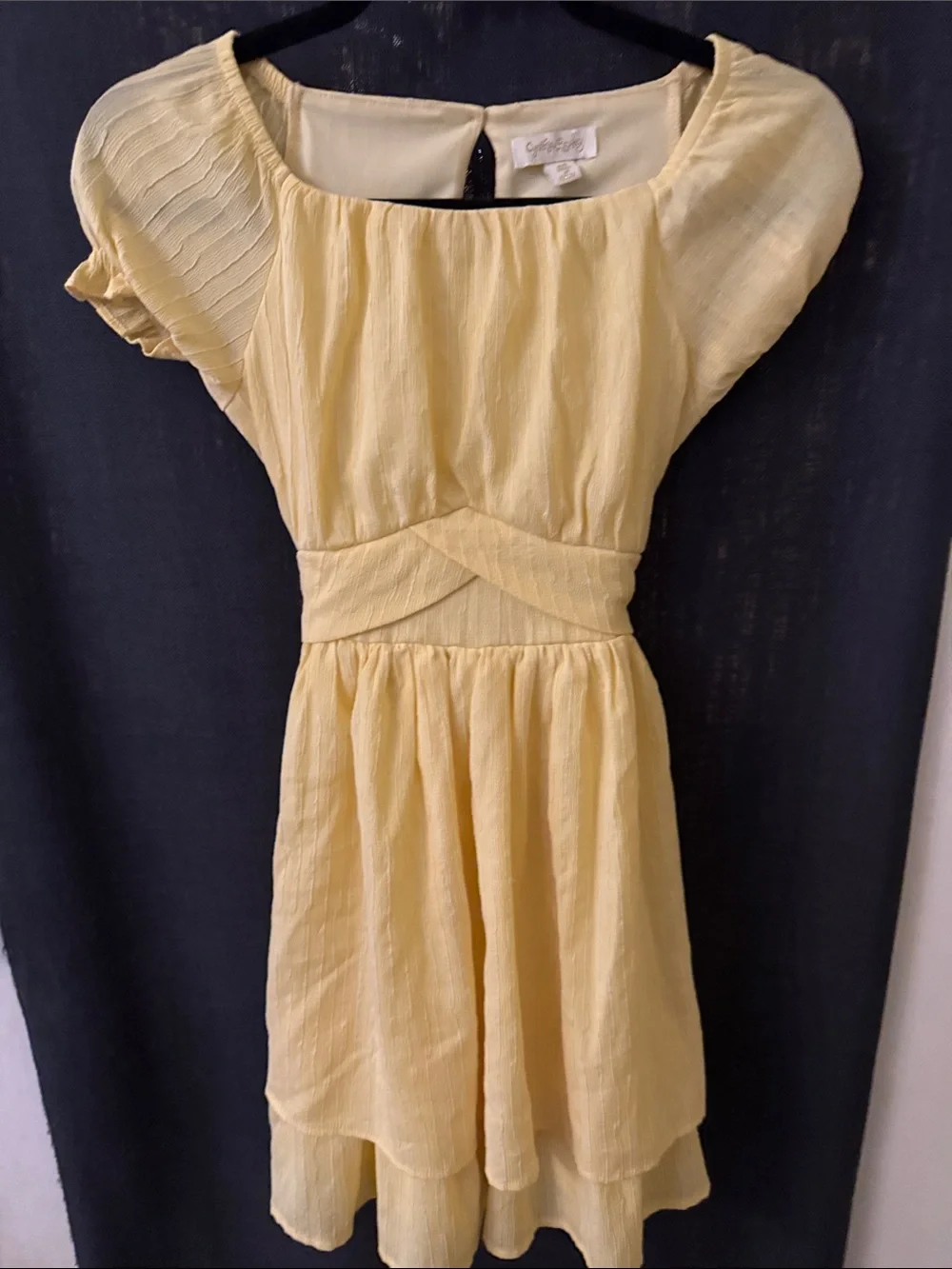 Cynthia Rowley Light Yellow Puff-Sleeve Tiered Dress